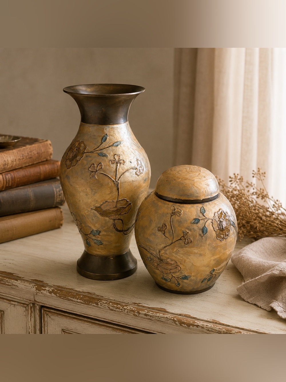 Vintage India Solid Brass Floral Vase & Ginger Jar Set Hand Painted Boho